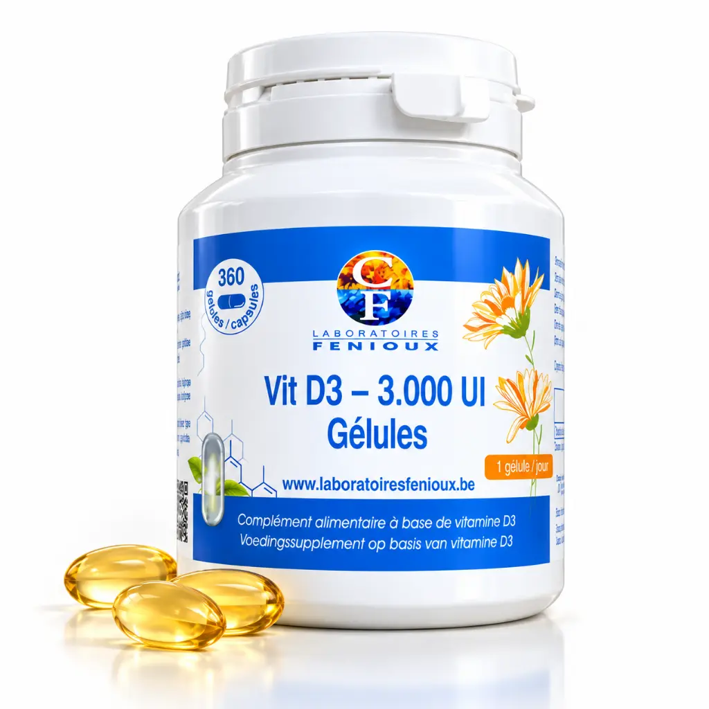 Flacon Vitamine D3 et capsules gélifiées.webp