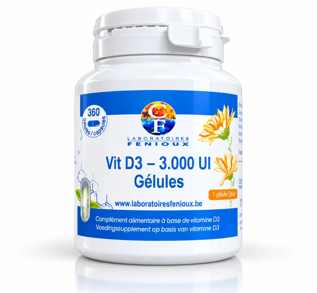 Flacon de vitamine D3 aux fleurs.webp